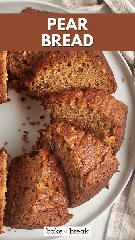 This pear bread is the perfect way to highlight sweet, ripe pears in your fall baking. It's a delicious and easy recipe that’s just as good for breakfast as it is for dessert! Pear Quick Bread Recipes, Pear Butter Bread, Spiced Pear Bread, Banana Pear Recipes, Easy Ways To Preserve Pears, Recipes With Ripe Pears, Sliced Pears Recipes, Baked Pear Recipes, Dessert Recipes Using Fresh Pears