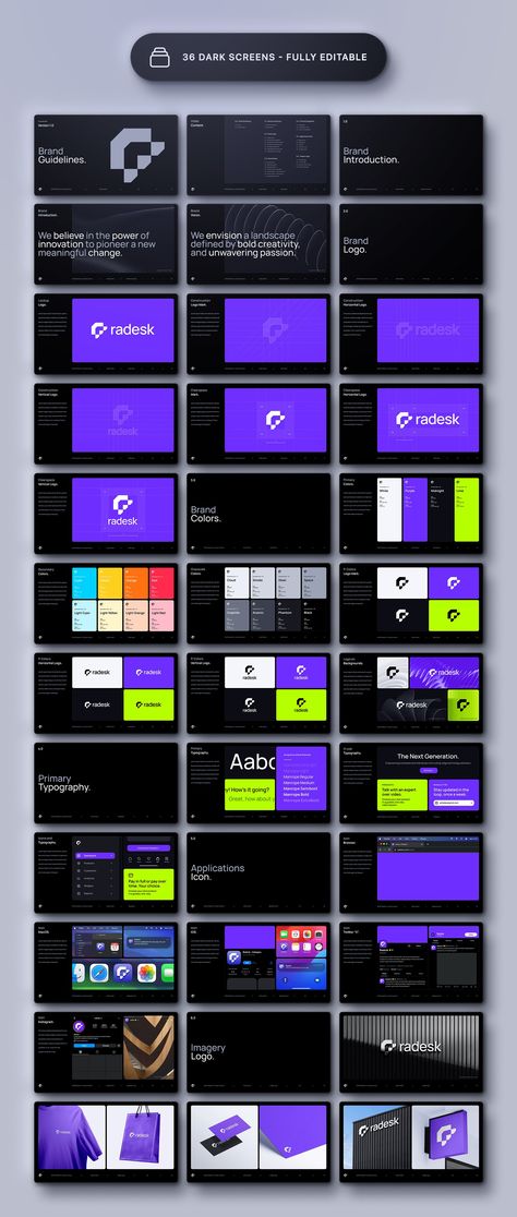 Brand Guidelines Template - Radesk by Asylab on @creativemarket Figma Animation, Branding Kit Templates, Branding Moodboard, Logo Guidelines, Brand Guidelines Design, Brand Identity Guidelines, Graphic Design Portfolio Inspiration, Guideline Template, Digital Design Trends