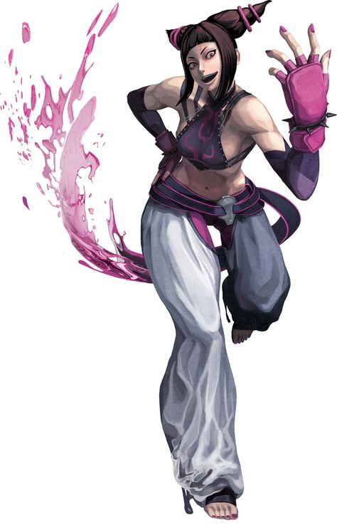 Juri: Purple spider top with pink detail, white shorts, belt matches top, purple or pink wrist bands, hair "horns" with pink bands Juri Street Fighter, Street Fighter Tekken, Street Fighter 4, Juri Han, Street Fighter Game, Street Fighter 5, Super Street Fighter, Tae Kwon Do, Street Fighter Characters