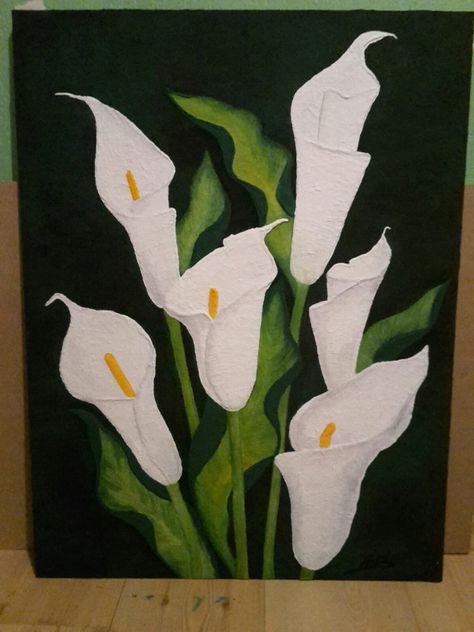 Painting Calla Lilies, Lily Rock Painting, Simple Lily Painting, Calla Lily Acrylic Painting, Calla Lily Painting, Fence Painting, White Calla Lilies, Lion King Drawings, Art Goals