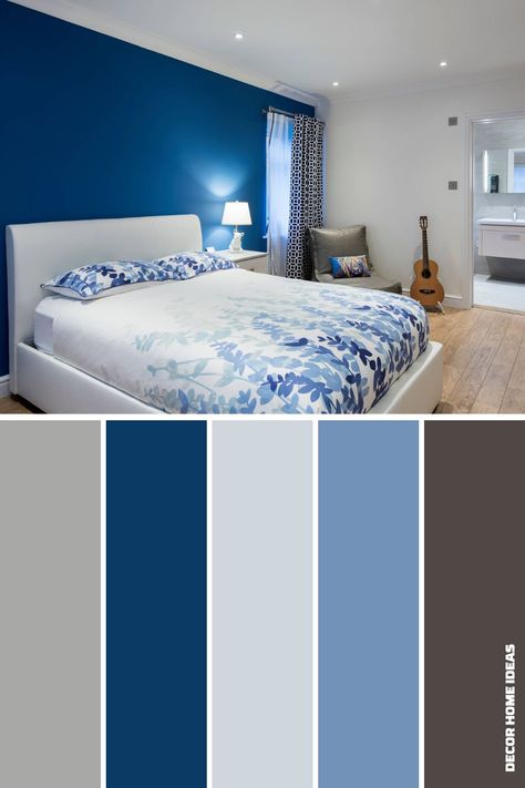 Light Blue Room With Accent Wall, Dark Blue Wall Paint, Blue Bedroom Color Schemes, Blue And Grey Bedroom Ideas, Bedroom Wall Colour Combination, Blue And Grey Bedroom, Room Interior Colour, Light Blue Rooms, Blue Bedroom Colors