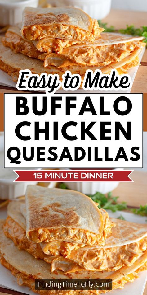 These buffalo chicken quesadillas are crispy on the outside and loaded with spicy buffalo chicken and melty cheese on the inside! With a few simple ingredients and in just 10 minutes you'll have a flavor-packed lunch or dinner. Quick and easy dinner. Great weeknight dinner or summer lunch. Great game day food. Use leftover buffalo chicken dip to make a delicious meal the whole family will love. Leftover Buffalo Chicken Dip, Chicken Quesadillas Easy, Quesadilla Chicken, Chicken Quesadillas Recipe, Curry Soup Recipes, Buffalo Chicken Quesadilla, Quesadilla Recipes Easy, Easy Fast Dinner Recipes, Spicy Buffalo Chicken