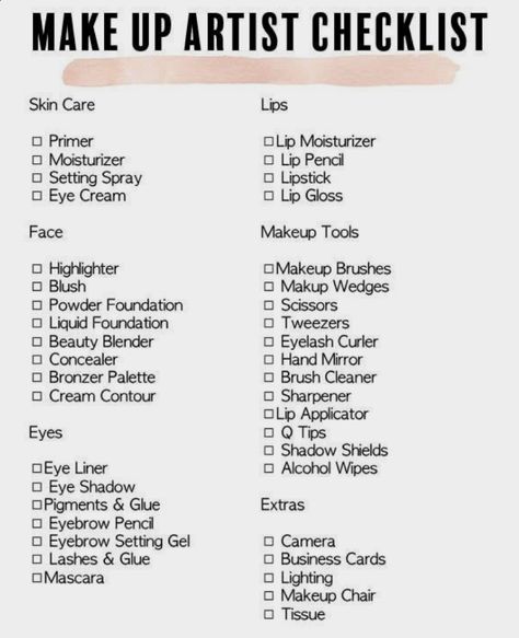 Basic Makeup List For Beginners, Makeup Notes Ideas, Makeup Essentials For Beginners List, Makeup Artist Service List, Mua Names Ideas, Makeup Products Name List, Make Up Checklist, Makeup Buisness Ideas, Makeup Prices List