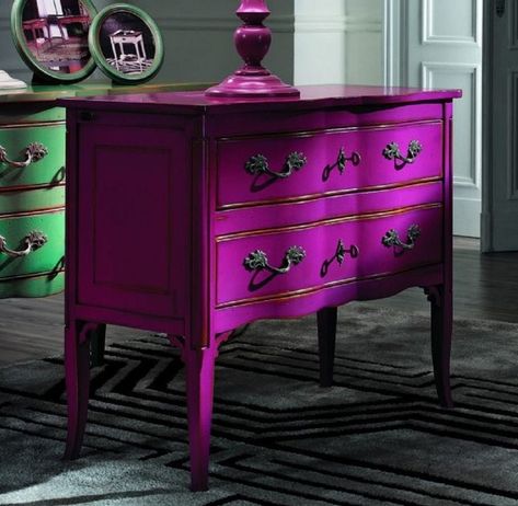 This noble baroque chest of drawers by Casa Padrino is a real eye-catcher in every living or business environment!Luxury baroque chest of drawers with 2 drawers by Casa Padrino   Material: solid wood, metal Width approx.: 92 cm Depth approx.: 44 cm Height approx.: 79 cm Color: antique purple / silver Handmade High quality wood High quality workmanship Easy-care & durable material Luxury quality Made in Italy Only the antique purple dresser is included. Without decorative items From the luxury baroque furniture collection by Casa Padrino!   You are purchasing a product of the brand Casa Padrino. Casa Padrino is a Europe-wide renowned producer and distributor of baroque furniture and luxury decorative items and a registered trademark with the German Patent and Trademark Office. Purple Chest Of Drawers, Hot Pink Furniture, Meubles Peints Style Funky, Purple Dresser, Purple Furniture, Hand Painted Dressers, Wood Chest Of Drawers, Baroque Furniture, Colourful Living Room Decor