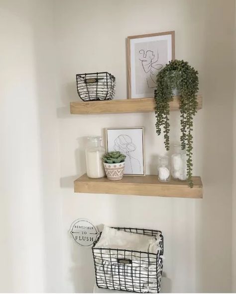 Boho Above Toilet Shelves, Shelf’s Above Toilet, Floating Shelf Above Toilet Decor, Floating Shelves Above Toilet Modern, Restroom Floating Shelves, Decor Behind Toilet Bathroom, Small Bathroom Minimalist Decor, Half Bathroom Shelves Over Toilet, How To Style Floating Shelves Bathroom