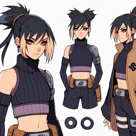 Naruto Oc Female Outfit Uchiha, Shinobi Outfit Design Female, Anime Ninja Outfits Female, Ninja Character Design, Ninja Artwork, Naruto Oc Female, Naruto Style, Naruto Ideas, Naruto Story