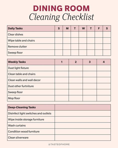 Dining Room Cleaning Checklist, Clean Room Checklist, Household Cleaning Schedule, Cleaning Room, Daily Cleaning Checklist, Room Checklist, Deep Cleaning Checklist, House Cleaning Checklist, Cleaning List