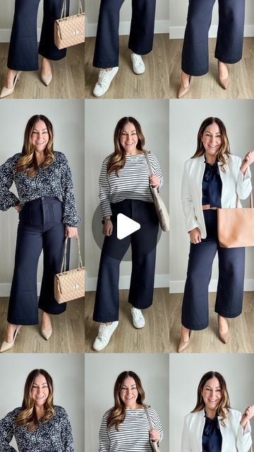 Ryanne Janca on Instagram: "MIDSIZE WORKWEAR 🤍 3 Ways to Wear Cropped Wide Leg Pants  These super stretchy ponte pants are under $50 and are a nice thickness so they also help smooth!   I paired these for 3 levels of workwear 👉🏻 professional, business casual and casual. The navy works great with white for a classic costal vibe, perfect for spring!  👇🏻Which is your favorite 1, 2 or 3?  📲 Comment SHOP for detailed sizing & outfit links to your DM (you must be following me for it to work!!)  👋🏻 FOLLOW for more mid-size, size 12/14 L/XL workwear outfit inspo @therecruitermom  #workwearstyle #size12 #businesscasual #classicstyle #workpants #quince #evereve   Size 12, size 14, workwear, midsize outfit, back to the office, meeting outfit, elevated basics, spring workwear" Curvy Professional Work Outfits, Workwear Midsize, Office Meeting Outfit, Navy Wide Leg Pants Outfit, Mid Size Office Outfits, Midsize Workwear, Blue Trousers Outfit, Costal Vibe, Curvy Work Outfit