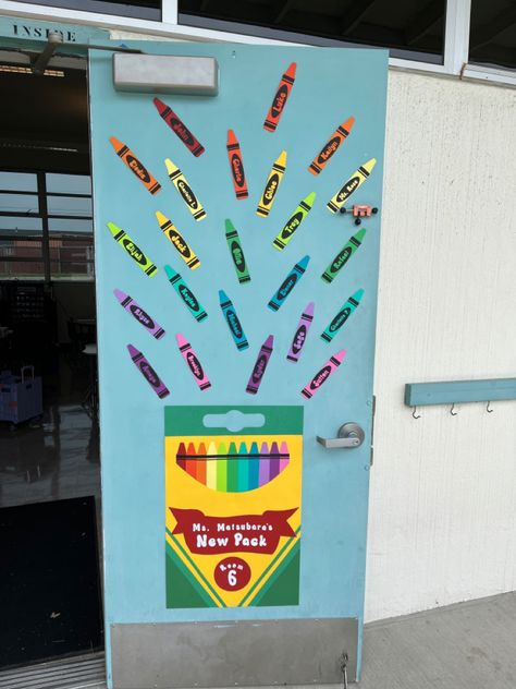 crayon box for back to school. classroom door decoration. Student Names On Door, Welcome To Prek Classroom Door, First Day Of Preschool Door Ideas, Crayon Box Door Decoration, Kindergarten Classroom Names Ideas, Crayon Door Decoration, Classroom Door Kindergarten, Crayon Classroom Door Ideas, Crayons Decorations For Classroom