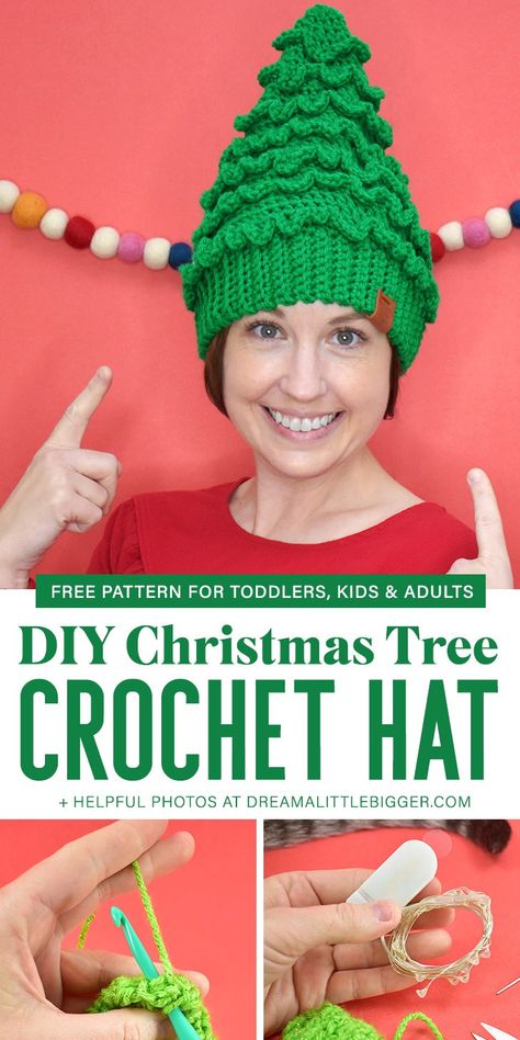 Looking for an adorable crochet hat to keep heads warm and celebrate the Christmas season? Get this adorable, FREE Christmas Tree Hat Crochet Pattern!  #crochetpattern #christmascrafts #christmastree #christmascrochet #crochethats #crochethatpattern Christmas Tree Hat Crochet, Christmas Tree Hats, Pola Topi, Crochet Christmas Hats, Crochet Christmas Tree, Christmas Tree Hat, Hat Patterns Free, Crochet Xmas, Crochet Hat Free