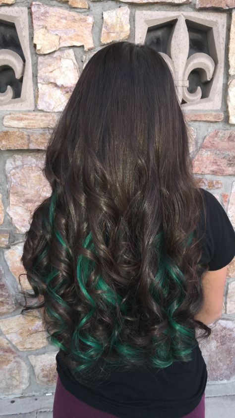 Green Peekaboos by yours truly Emerald Green Hair Highlights, Green Peekaboo Hair, Green Hair Highlights, Brown Hair With Green, Green Peekaboo, Forest Green Hair, Emerald Green Hair, Peekaboo Hair, Green Highlights