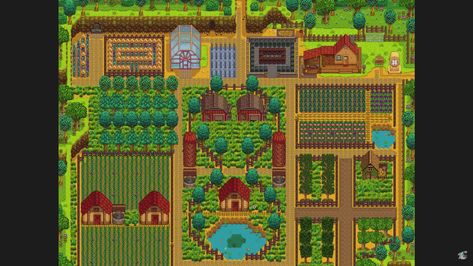 Stardew Valley Farm, Stardew Farms, Stardew Valley Tips, Stardew Valley Layout, Types Of Farming, Stardew Valley Farms, Piskel Art, Greenhouse Design, Farm Layout