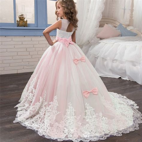 Teenager Girls Backless Tulle Party Dress With Bow Girls Charming Lace Pink Flower Girl Dress Wedding Bridesmaid Pageant Party Wear For 5-14Y Long Dress Bridesmaid, Clothes Flower, Robes D'occasion, Girls Long Dresses, Girls Lace Dress, Wedding Costume, Long Prom Gowns, Prom Ball Gown, Girls Christmas Dresses