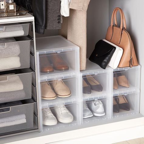 Large Drop-Front Shoe Box | The Container Store Organizing Shoes In Small Closet, Sneakerhead Bedroom, Small Closet Solutions, Organizing Shoes, Best Shoe Rack, Grey Accessories, Shoe Containers, Shoe Organization, Sneaker Storage