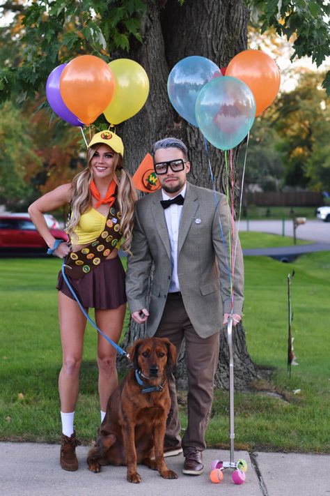 Up Carl And Russell, Up Halloween Costume With Dog, Up Costume Ideas Russell, Carl And Russell Costume Couple, Up Movie Halloween Costume Couple, Homemade Space Costumes, Movie Up Costume Ideas, Russel Up Halloween Costume, Russel And Carl Couple Costume