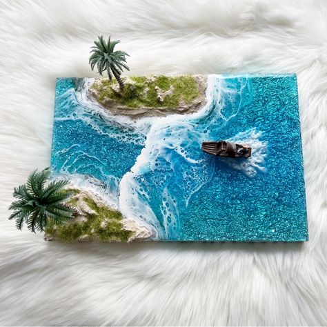 Bring Home A Little Piece Of The Ocean Today With This Tropical Seascape Plaque. Featuring A Shimmering Sea Floor, 3d Landscaping, And A Mini Boat On An 8” X 12” Cradled Wood Panel. Comes Ready To Hang. 3d Beach Painting, Mini Boat, Ocean Tropical, Sea Floor, Boat Decor, Resin Art Painting, Sea Decor, Textured Canvas, Textured Canvas Art