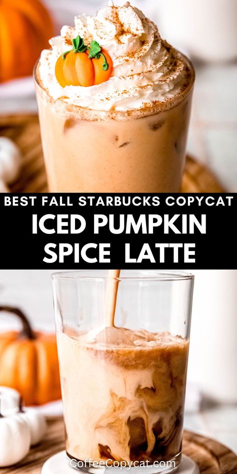 Iced Pumpkin Spice Latte (Starbucks Copycat) - coffeecopycat.com Starbucks Copycat Pumpkin Spice Latte, How To Make Iced Pumpkin Spice Latte, Copycat Pumpkin Spice Latte Starbucks, Pumpkin Cappuccino Recipe, Pumpkin Spiced Latte Starbucks, How To Make A Pumpkin Spice Latte From Starbucks, Starbucks Pumpkin Iced Coffee, Copycat Coffee Recipes, Pumpkin Spice Iced Coffee Starbucks