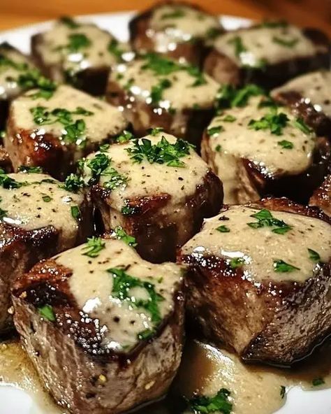 Tender Steak Bites in Garlic Butter with Creamy Parmesan Sauce - Miarecipes Sauce For Steak Bites, Garlic Butter Steak Bites With Parmesan, Tender Steak Bites, Juicy Steak Bites, Steak Bites With Garlic Butter, Garlic Steak Bites, Deer Steak, Garlic Butter Steak Bites, Butter Steak Bites