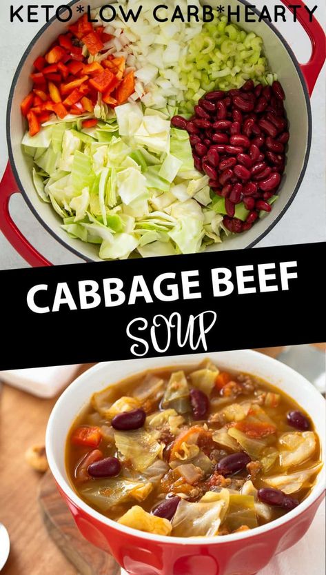 A hearty soup that is quick to make, this one pot Beef Cabbage Soup recipe is nutritious and delicious! Works well as a slow cooker soup too with comforting flavors of tomatoes, ground beef and cabbage. Ground Beef Cabbage Soup, Cabbage Beef Soup, Cabbage Slow Cooker, Ground Beef Cabbage, Cabbage Beef, Beef Cabbage Soup, Comfort Soups, Cabbage Soup Recipe, Ground Beef And Cabbage