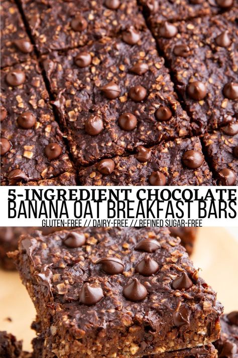 Healthy Chocolate Banana Oatmeal Breakfast Bars are healthy enough to enjoy with breakfast and delicious enough for dessert! Made with 5 basic ingredients and one bowl, this easy recipe requires zero baking experience. #vegan #chocolate #banana #oats #breakfast #oatmeal #healthy #glutenfree Banana Oats Breakfast, Banana Oatmeal Breakfast Bars, Gluten Free Breakfast Bars, Banana Oatmeal Bars, Oatmeal Bars Healthy, Oatmeal Dessert, Oat Bar Recipes, Healthy Chocolate Banana, Breakfast Bars Healthy