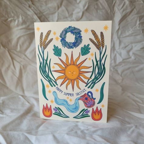 Litha Ritual, Solstice Art, Happy Solstice, Happy Winter Solstice, Solstice Celebration, Unique Holiday Cards, Bday Invitations, Gouache Illustrations, Happy Sun