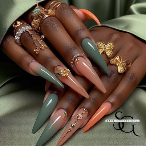 Nail Two Colors Ideas, Soft Colors Nails, Nails Acrylic For Fall Autumn, Ombre Olive Green Nails, Megan Thee Stallion Nail Ideas, Fall Color Acrylics, Colorful Classy Nails, Spring To Fall Nails, Stilleto Fall Acrylic Nails