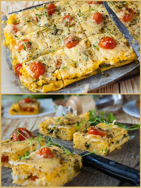 Baked Polenta with Cheese and Vegetables. Vegetarian Polenta Recipes, Baked Polenta Recipes, Polenta Appetizer, Polenta Bake, Quick Foods, Italian Casserole, Polenta Recipe, Baked Polenta, Polenta Recipes