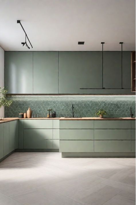 Minimalist kitchen with sage green handleless cabinets Sage Green Kitchen Modern, Olive And Wood Kitchen, Innovative Kitchen Design, Modern Sage Green Kitchen, Neutral Color Kitchen Ideas, Green Kitchen Cabinets Modern, Sage Green Island, Green In Kitchen, Sage Green Kitchen Ideas