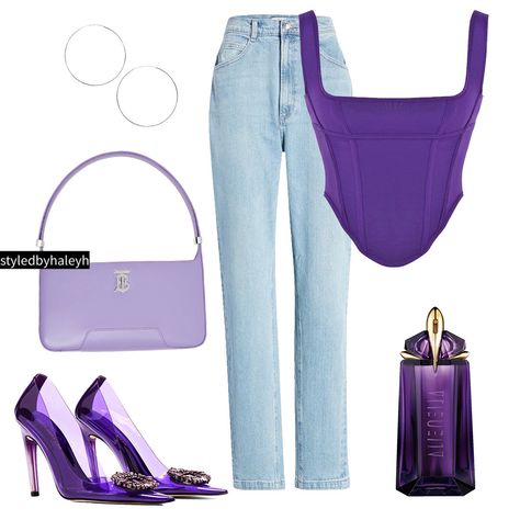 Purple top and purple heels Purple Night Out Outfit, How To Style Purple Top, Purple Night Outfit, Purple Tops Outfit, Purple Corset Top Outfit, Purple Cute Outfits, Purple Style Outfit, Blue Heels Outfit Ideas, Fashion Outfits Purple