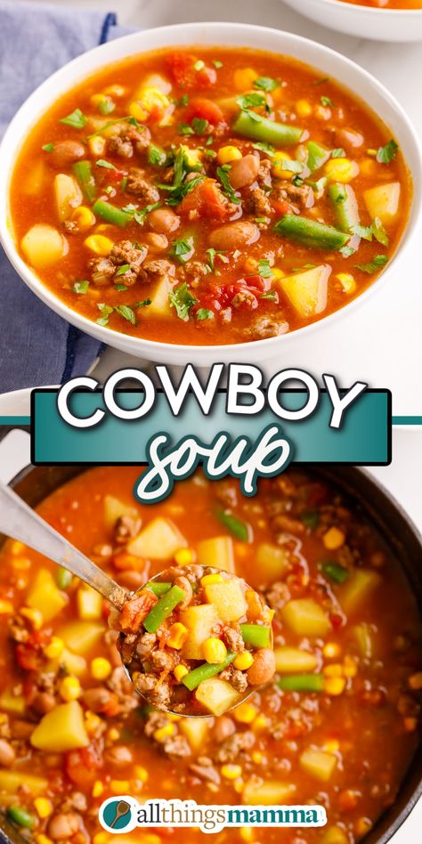 2-image collage showing Cowboy Soup Soups In The Crockpot Easy Recipes, Sante Fe Soup Crock Pots, Cowboy Soup Recipe Crock Pot, Cowboy Supper Crock Pot, South Western Soup, Tik Tok Soup, Weight Watcher Soups In A Crock Pot, Easy Cowboy Soup, Texas Soup Recipes