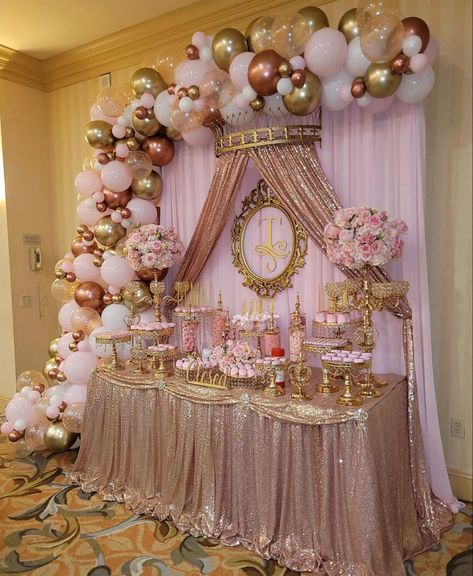 Pink Princess Decorations, Royal Themed Quinceanera, Gold Rose Quinceañera Decorations, Quince Pink And Gold Theme, Princess Themed Sweet 16 Ideas, Gold Pink Quinceanera Dress, Pink White And Gold Party Decoration Dessert Tables, Pink And Gold Birthday Party Women, Quincera Themes Ideas Pink