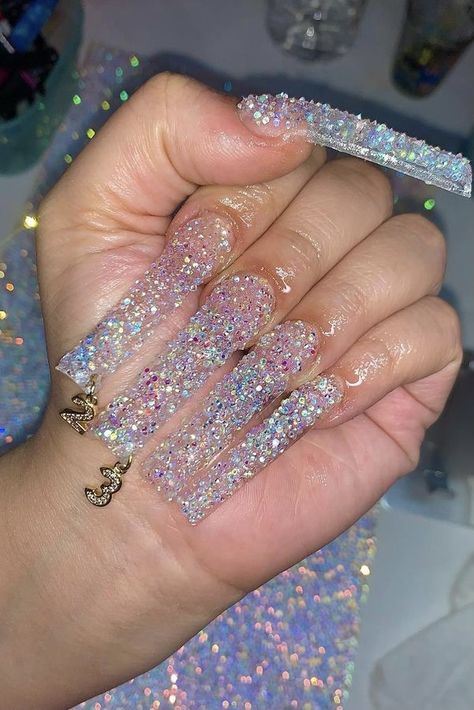 Pixie Dust Nails, Dust Nails, Sparkly Acrylic Nails, Long Acrylic Nail Designs, Ombre Acrylic Nails, Glow Nails, Dope Nail Designs, Acrylic Nails Coffin Pink, Long Pixie