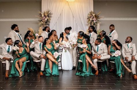 Green And Gold Wedding Theme Bridesmaid Dresses, Champagne Emerald Green Wedding, Emerald Green And Gold Wedding Groomsmen, Emerald Green And Gold Tuxedo, Black Couples Wedding Ideas, Emerald Green Spring Wedding Color Combos, Emerald Green And Gold Wedding Party, Olive Green And Gold Wedding Theme, Green And Gold Wedding Party