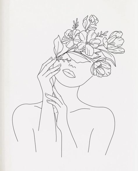 One Line Drawing Face Flower, Abstract Line Face Tattoo, Flower And Face Drawing, 1 Line Drawing Faces, Female Line Tattoo, Flower Outline Drawing Aesthetic, Woman And Flowers Drawing, Female Line Art Tattoo, One Line Tattoo Face