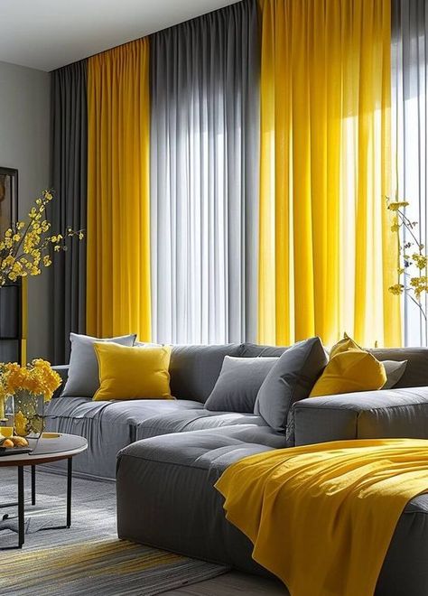 Grey And White With A Pop Of Color, Yellow Black And White Living Room, Yellow Living Room Decor Ideas, Best Greige Paint, Gray Living Room Ideas, Best Greige, Grey And Yellow Living Room, Stylish Living Room Ideas, Simple Couch