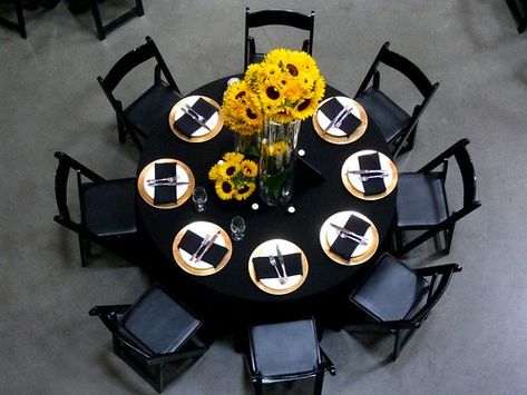 Luxe Wedding :: Tablescape, Black, Gold and Sunflower | Flickr Black And Gold Tablescape, Gold Tablescape, Dark Romantic Wedding, Batman Wedding, Black Wedding Decorations, Yellow Wedding Theme, Sunflower Centerpieces, Sunflower Party, Sunflower Themed Wedding