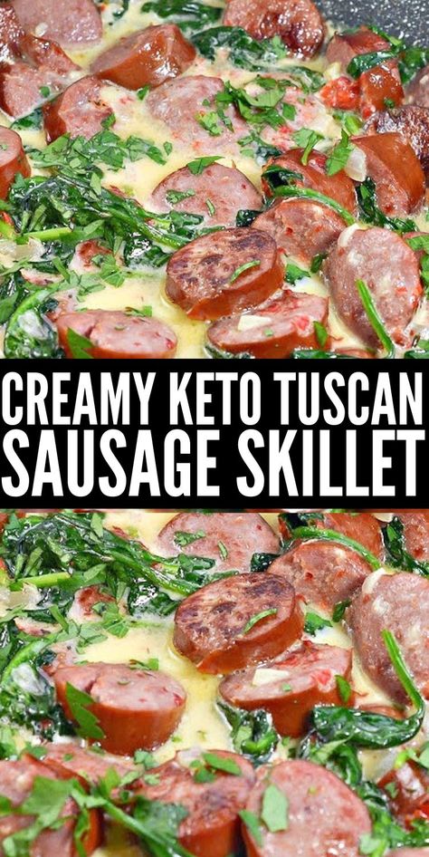 Creamy Keto Tuscan Sausage Skillet #creamyketotuscansausageskillet #tuscansausageskillet Keilbasa Recipes Pasta Spinach, Keto Meals With Kielbasa, Keto Recipes Smoked Sausage, 0 Carb Dinners, Simple Keto Salads, Keto Recipes Italian Sausage, Spinach And Kielbasa Recipes, Paleo Kielbasa Recipes, Keto Cold Dinner Ideas