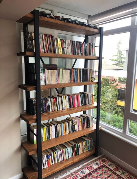 Bookshelves Metal And Wood, Wood And Steel Bookshelf, Metal Wood Shelves, Wood And Black Metal Furniture, Book Shelf With Drawers, Metal And Wood Bookshelf, Wooden Bookshelf Design, Timber Bookshelf, Libreros Aesthetic