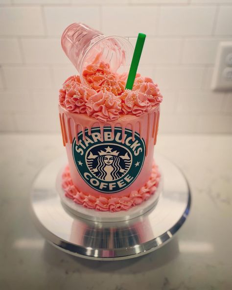 Starbucks Pink Drink Cake, Pink Starbucks Cake, Starbucks Cake Design, Pink Drink Cake, Starbucks Themed Cake, Starbucks Birthday Cake, Spilled Drink, Starbucks Birthday Party, Drink Cake