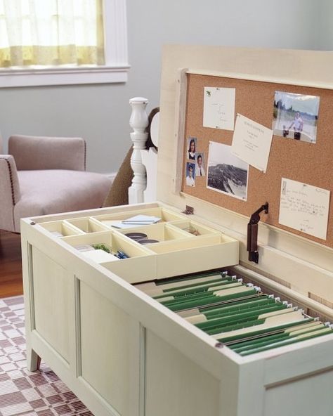 Turn a chest or bench into an elaborate filing cabinet. | 42 Storage Ideas That Will Organize Your Entire House Office Organization Tips, Mini Office, Ideas Para Organizar, Diy Casa, Office Crafts, Furniture Hacks, Home Office Organization, Office Storage, Mini House