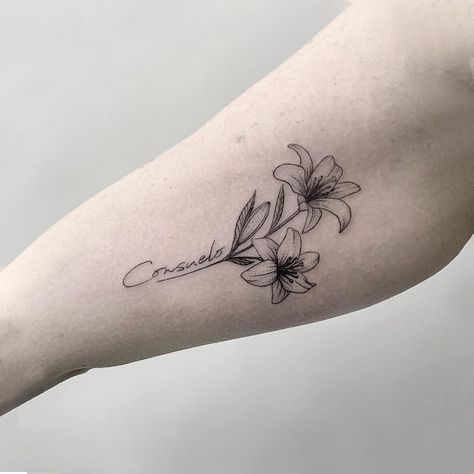 Lily Flower With Name Tattoo, Lilly Tattoo With Name, Lily Memorial Tattoos, Lily With Name Tattoo, Lily Tattoo With Name, Kingfisher Tattoo, Stargazer Lily Tattoo, Lillies Tattoo, Lily Flower Tattoos