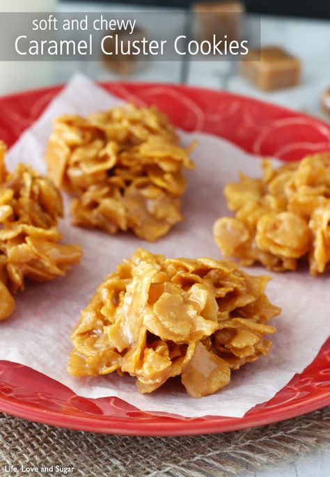 Caramel Cluster Cookies Caramel Clusters, Life Love And Sugar, Cornflake Cookies, Chewy Caramel, Princess Pinky Girl, Pinky Girl, Caramel Candy, Corn Flakes, Caramel Flavoring