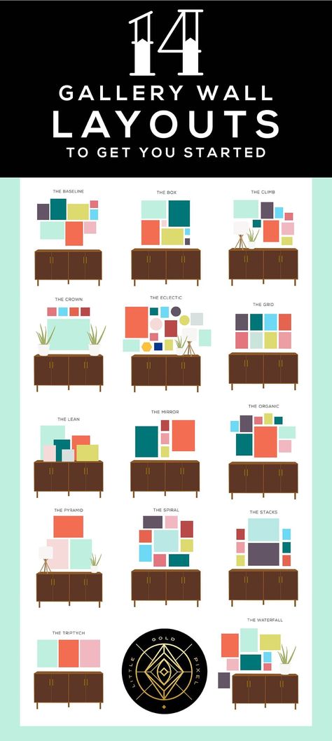 14 Gallery Wall Layouts to Get You Started • Little Gold Pixel  #gallerywall #gallerywalls #gallerywalllayouts #wallartideas #gallerywallideas Gallery Wall Layouts, Wall Layout, Gallery Wall Layout, Desain Editorial, Photo Wall Gallery, Gallery Wall Inspiration, Gallery Wall Living Room, Diy Paint, Decor Minimalist