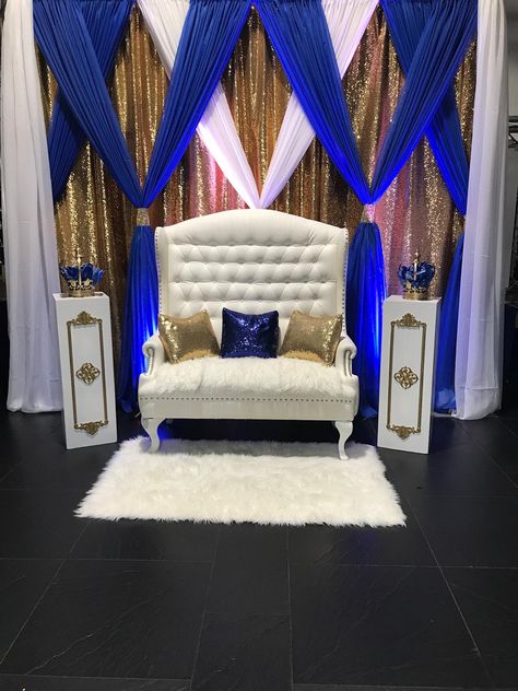 Royal Blue Gold And White Backdrop, Royal Blue And Gold Backdrop Ideas, Throne Chair Backdrop, Royal Blue Gold And White Party Decor, Royal Blue And Gold Backdrop, Royal Blue Wedding Backdrop, Blue And Gold Wedding Backdrop, Blue And Gold Backdrop, Gold And White Curtains