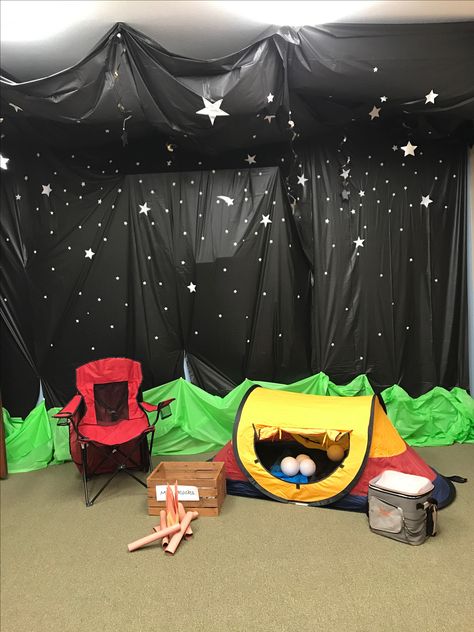 Camp Out Vbs, Camping Preschool, Camp Vbs, Camp Read, Sunday School Rooms, Camping Classroom, Camping Theme Classroom, Indoor Camping, Vbs Themes