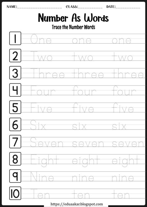 Number Words Worksheets Free Printable, Kindergarten Worksheets Free Printables Handwriting Practice, Number English, Kindergarten Syllabus, Preschool Homework, Aktiviti Prasekolah, Kertas Kerja Prasekolah, Kindergarten Numbers, Number Words Worksheets