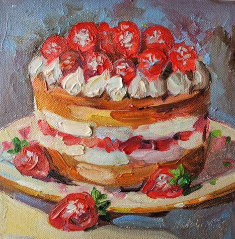 Oil painting on stretched canvas "Strawberry cake".  Original painting, not print.  Size: 8x8 inches.  Artist: Natali Miasnikova. Instagram: @MountainFogArt. The painting is signed by the artist.  When sending the painting will be carefully packed.  There are many more interesting paintings in my gallery.  Welcome! Famous Food Paintings, Cute Kitchen Paintings On Canvas, Strawberry Cake Painting, Food Painting Ideas, Food Painting Acrylic, Realistic Food Painting, Picnic Collage, Pastry Painting, Cake Paintings