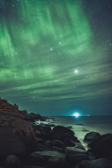 atmospheric-phenomena:Venus in green Sky | Kenneth Schoth Norway Beach, Southern Lights, Aurora Australis, Northern Lights (aurora Borealis), Aurora Borealis Northern Lights, Polar Light, Atmospheric Phenomenon, Pretty Pics, Green Sky