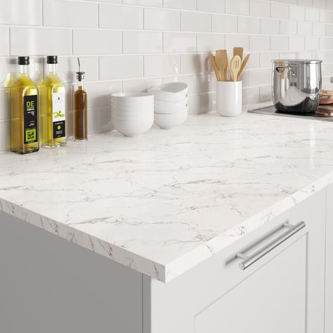 Our NEW Calacatta marble effect worktop has a pure and clean appearance making it a stylish and timeless choice for any kitchen. See more at Howdens. Marble Kitchen Worktops, Grey Marble Kitchen, Howdens Kitchens, Marble Worktops, White Marble Kitchen, Laminate Worktop, Free Kitchen Design, Laminate Kitchen, Marble Kitchen