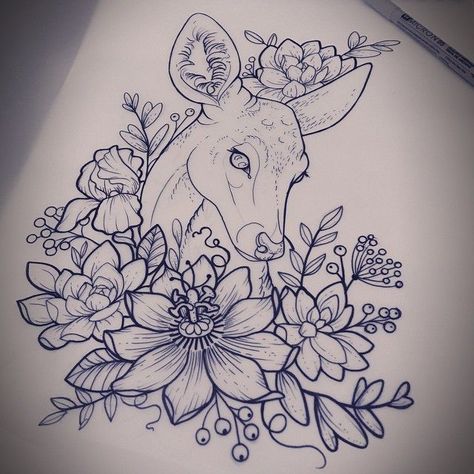 Fawn Tattoo, Deer Head Tattoo, Doe Tattoo, Deer Tattoo Designs, Owl Tattoo Drawings, Orchid Drawing, Hirsch Tattoo, Digital Colouring, Deer Tattoo